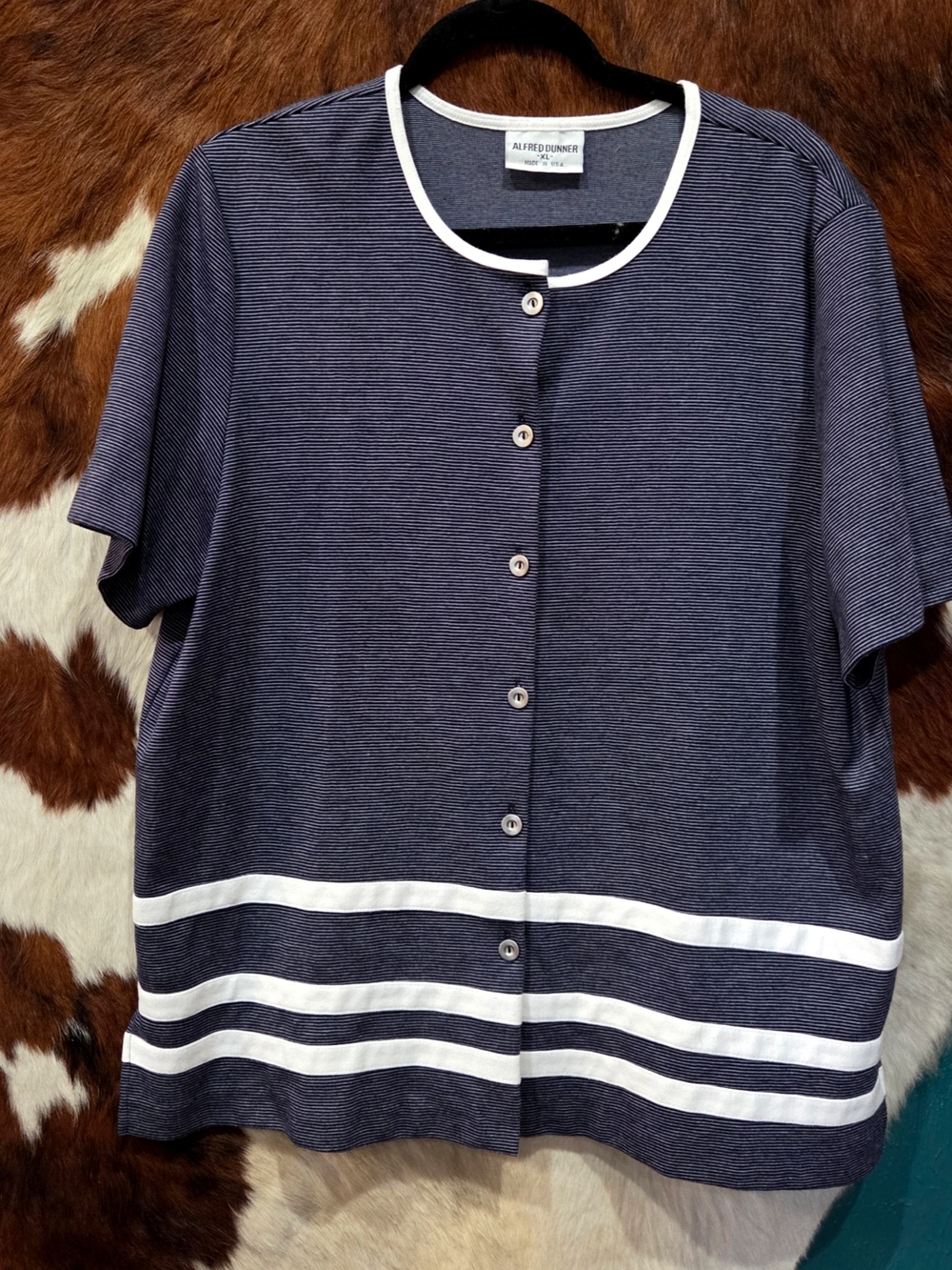 Alfred Dunner Navy Striped Button Front Top with White Trim
